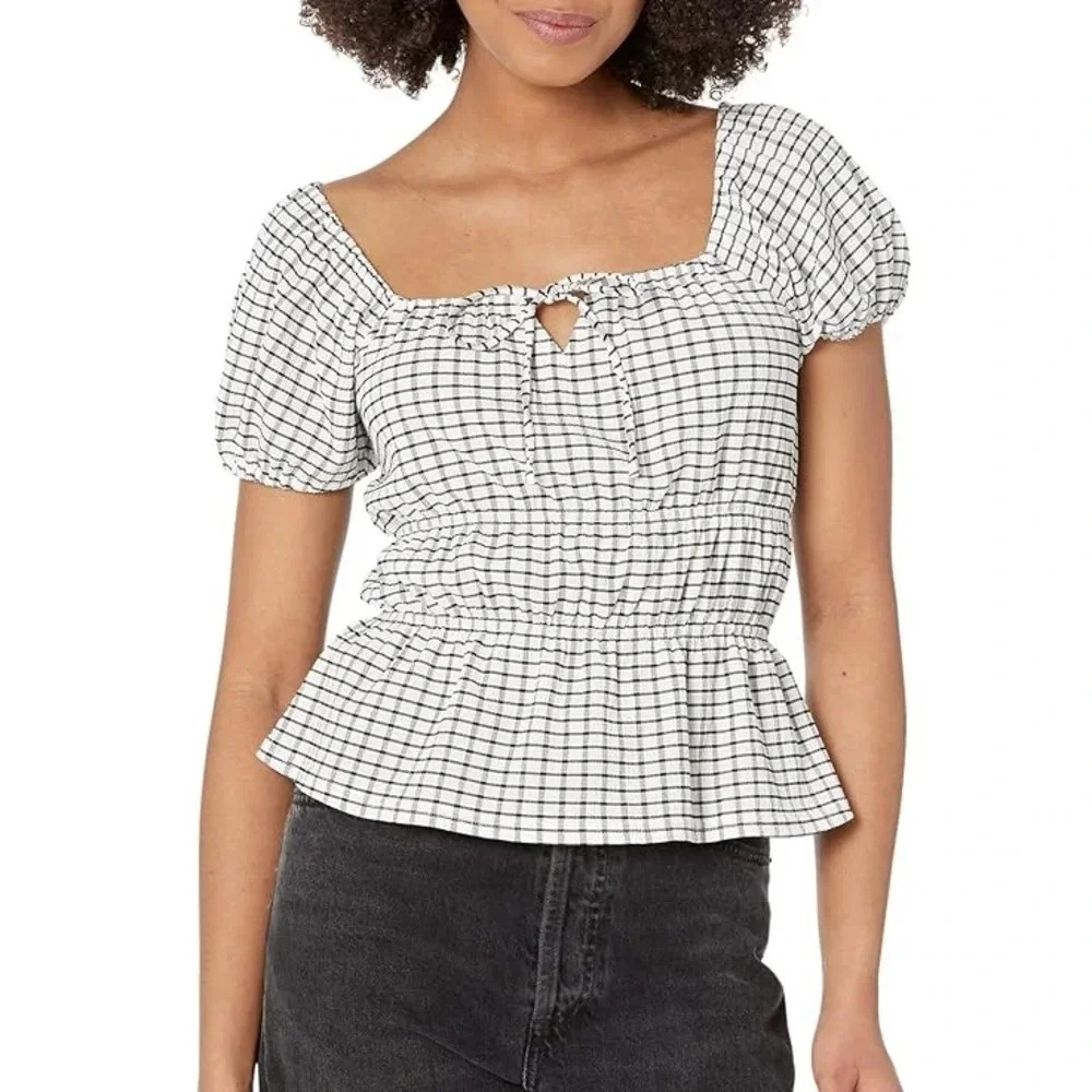 Madewell White and Black Check Smocked Peplum Top